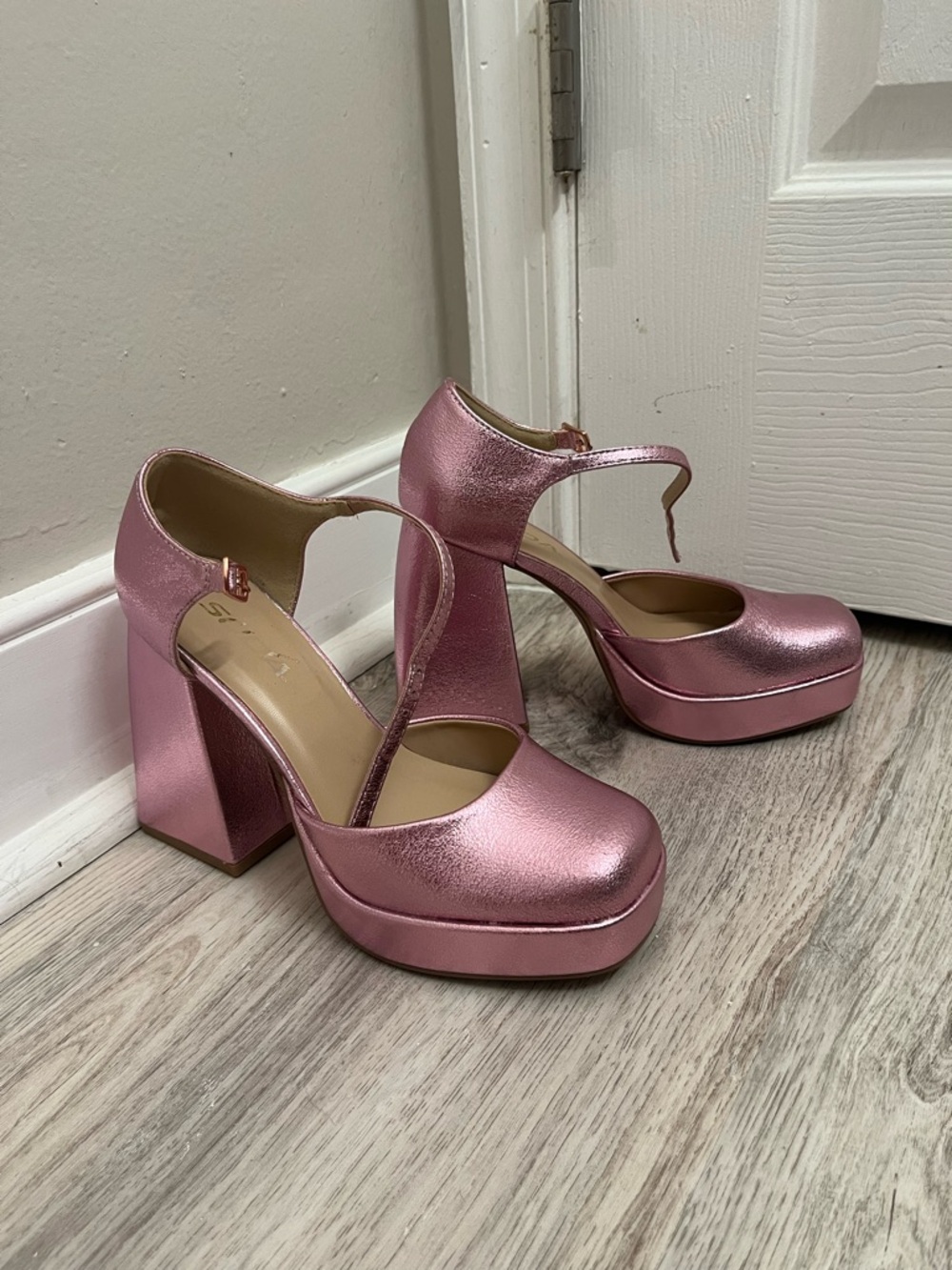 Soda Metallic Rose Pink Platform Mary Jane Heels